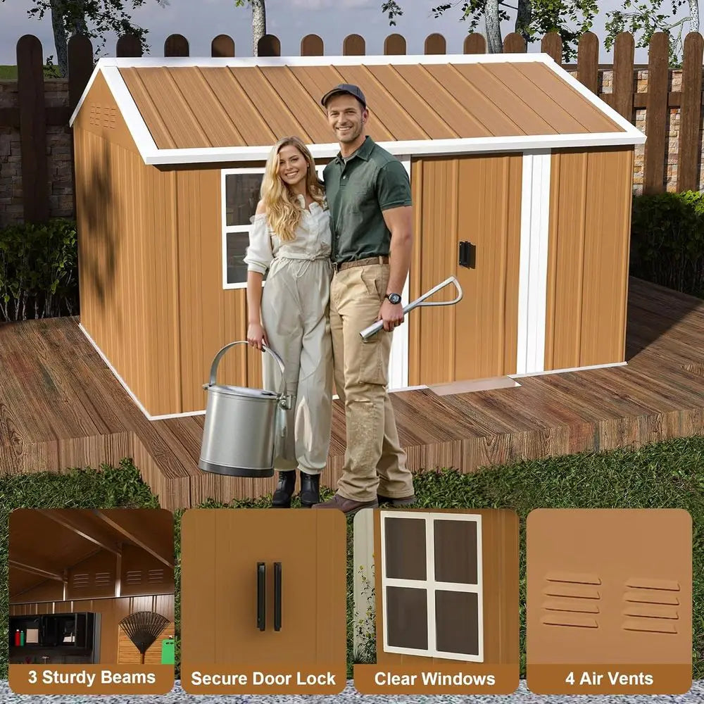 8x12 Weatherproof Metal Outdoor Shed Storage with Windows Lockable Door And Ventilation for Garden Patio Yard