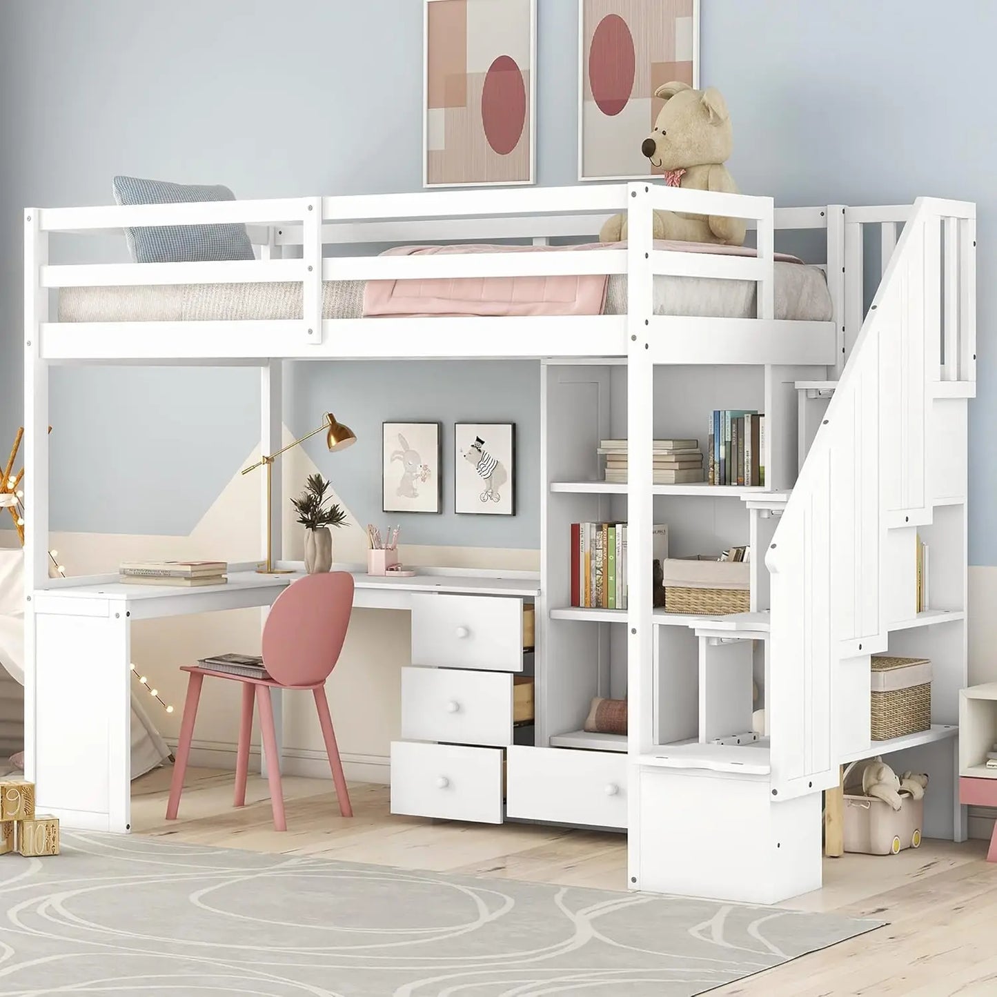 Twin Size Loft Bed with L-Shaped Desk and Stairs, Solid Wood Loft Bed Frame with Storage Drawers and Bookcase, for, Customized