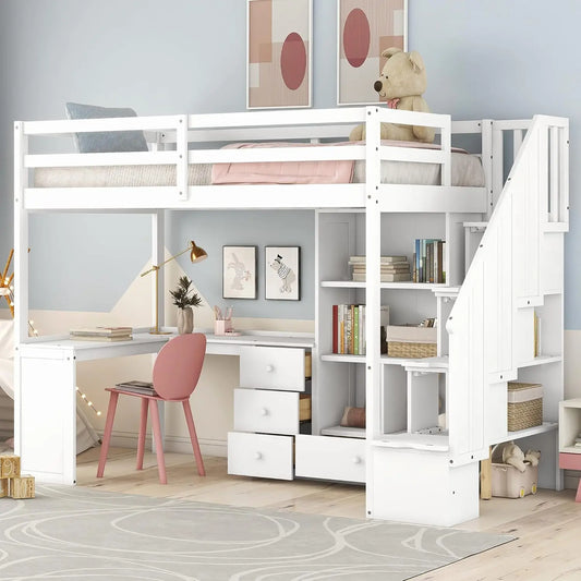 Twin Size Loft Bed with L-Shaped Desk and Stairs, Solid Wood Loft Bed Frame with Storage Drawers and Bookcase, for, Customized