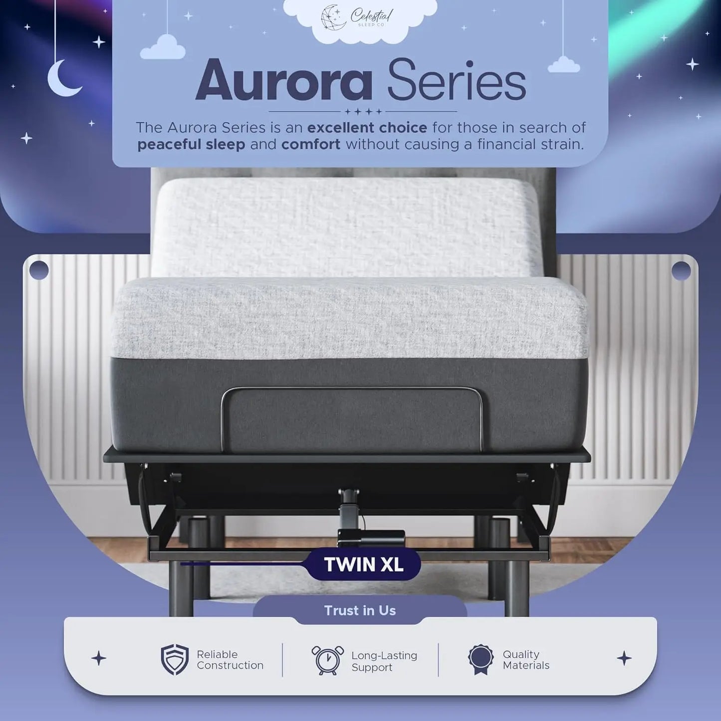 Celestial Aurora Adjustable Bed Base (Frame) + Gel Memory Foam Mattress (Firm), Easy Assembly, Head and Foot, Customized