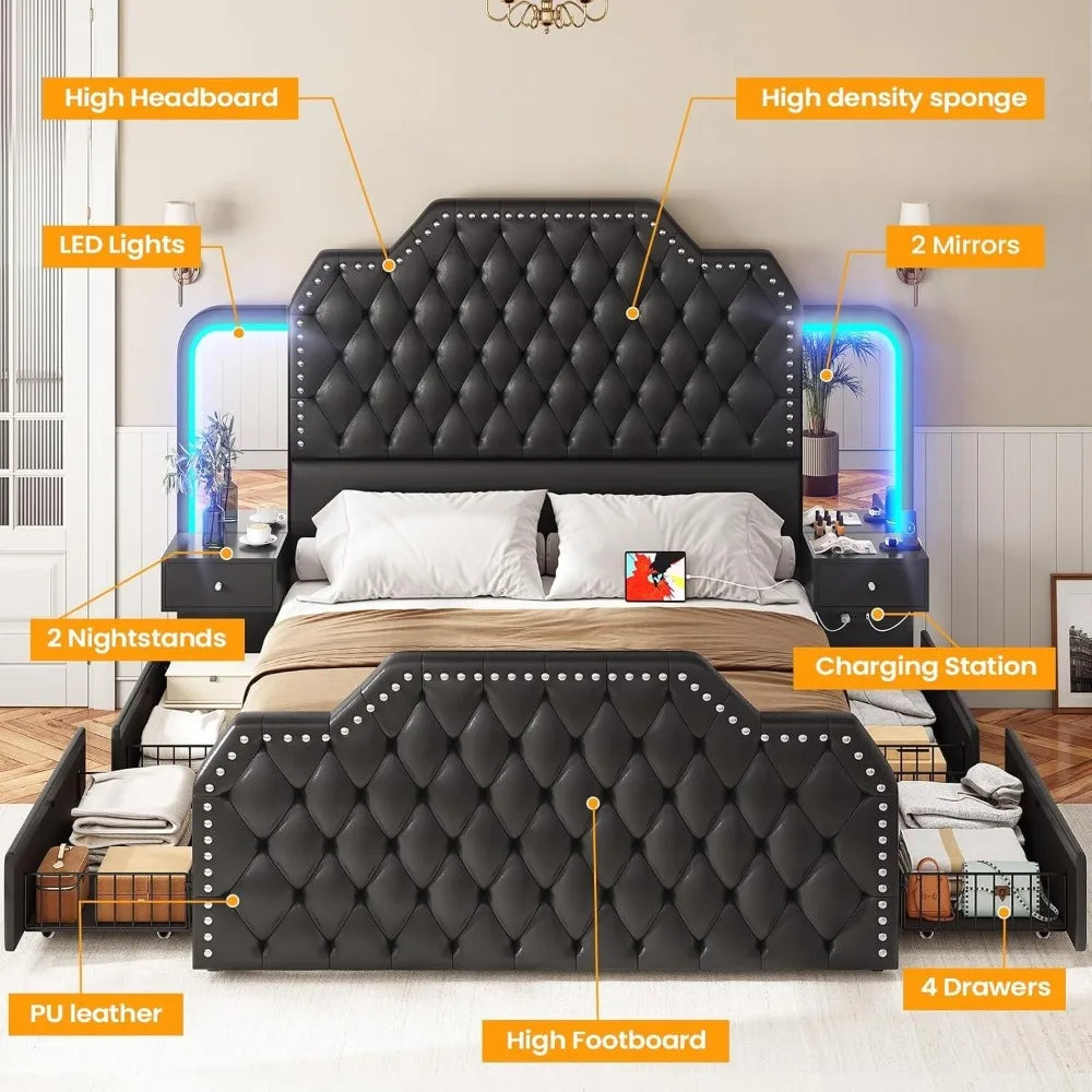 Queen Size Bed Frame with 2 Nightstands with Mirror, Upholstered Platform Bed