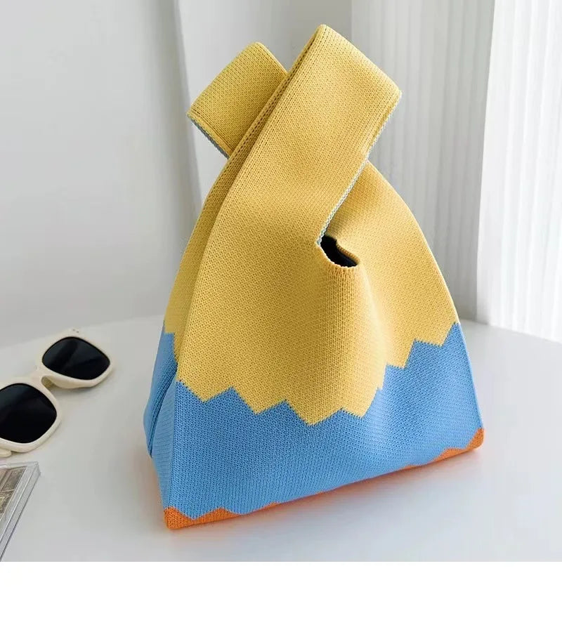 Women'S Knot Wrist Bag Tote Handmade Knitted Bag Portable Mini Striped Bucket Phone Bags Large Capacity Spring Summer Handbags