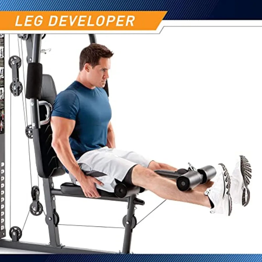 Home Gym Workout Station Full Body Exercise Equipment with Leg Press Cable Pulley Smith Machine LAT Pulldown Weights White