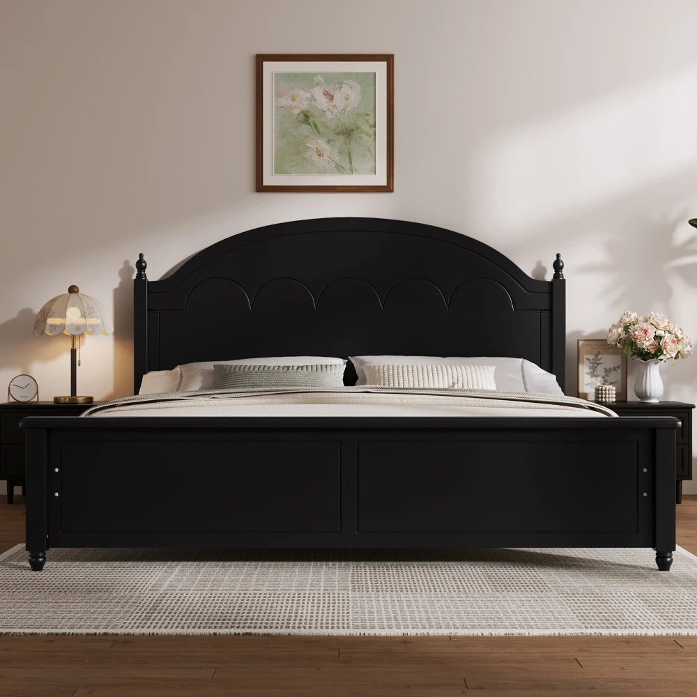 King size Wooden Bed Frame with Arched Headboard and Classic Design,Black