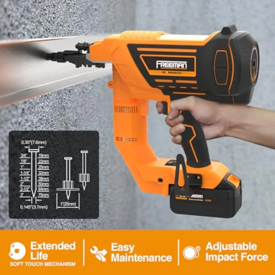 20V Cordless 3" Single-Pin Concrete Nailer Kit 4.0 Ah Li-Ion Battery Fast Charger and Hard Case 750 Shots/Charge Heavy-