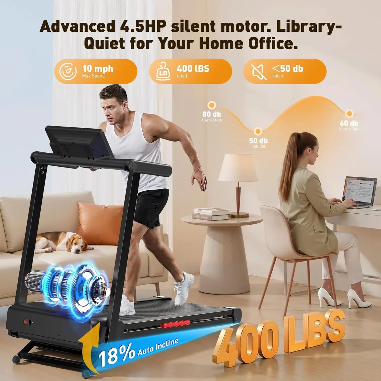Treadmill for Home with Auto Incline, 3.5-4.5 HP Foldable Running Machine, 12 HIIT Programs,14"- 18" Wide LED, Customized