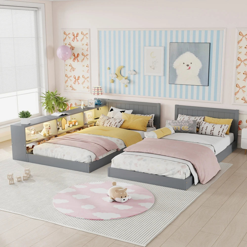 Double Twin Size Bed Frame with Storage,Twin Floor Bed with Light & Charging Station, Convertible 2 Twin Beds for 2 Kids,Gray