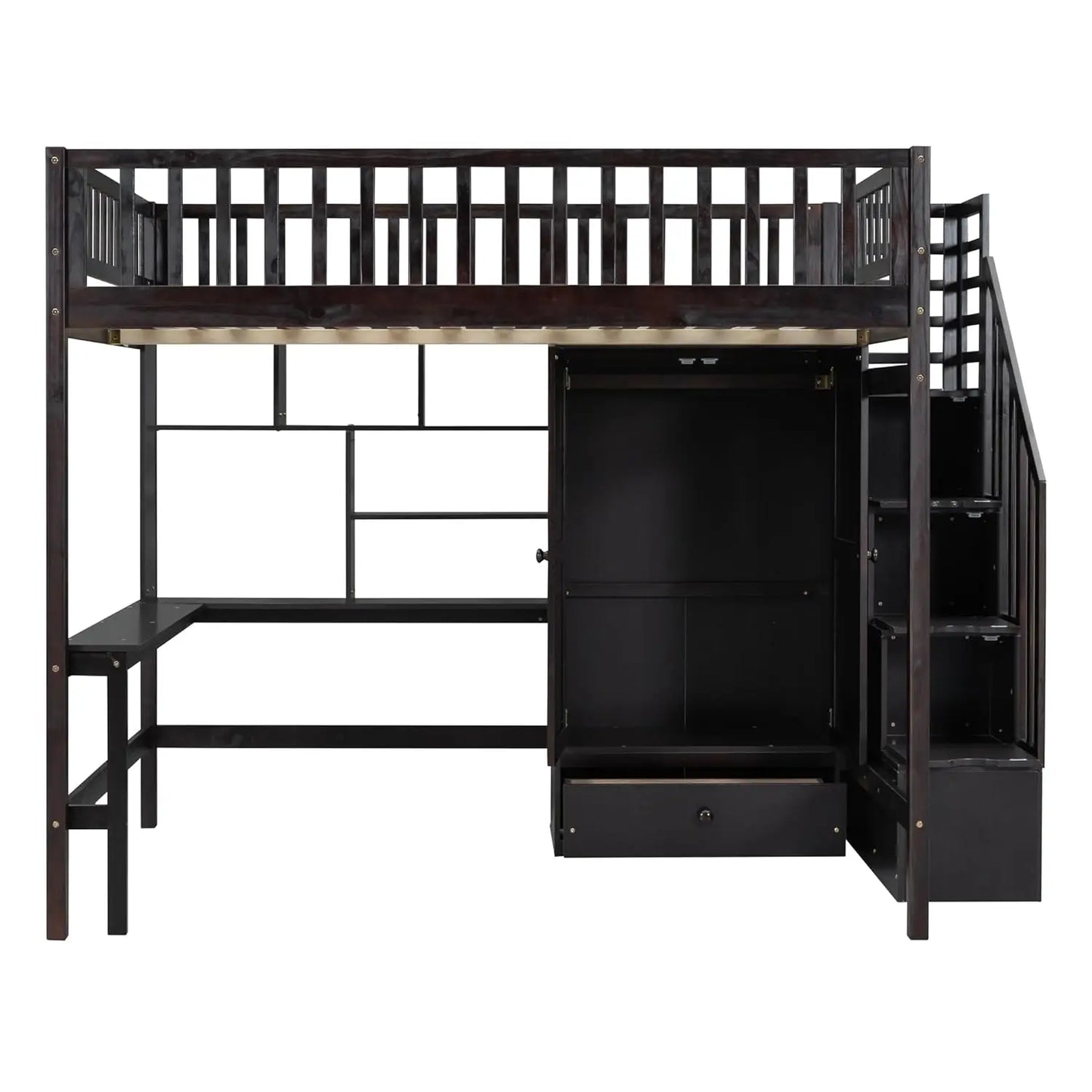 Full Size Loft Beds Stairway Loft Bed Frame with Wardrobe, Desk, Bookcase and Drawers, Espresso, Customized