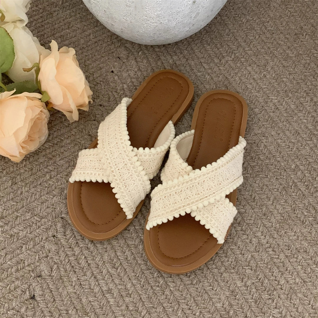 2024 Fashion Women Sandals Ladies Flat Roma Heels Knitted Summer Sandals Outside Cross Tied Leather Female Slides Woman Sandals