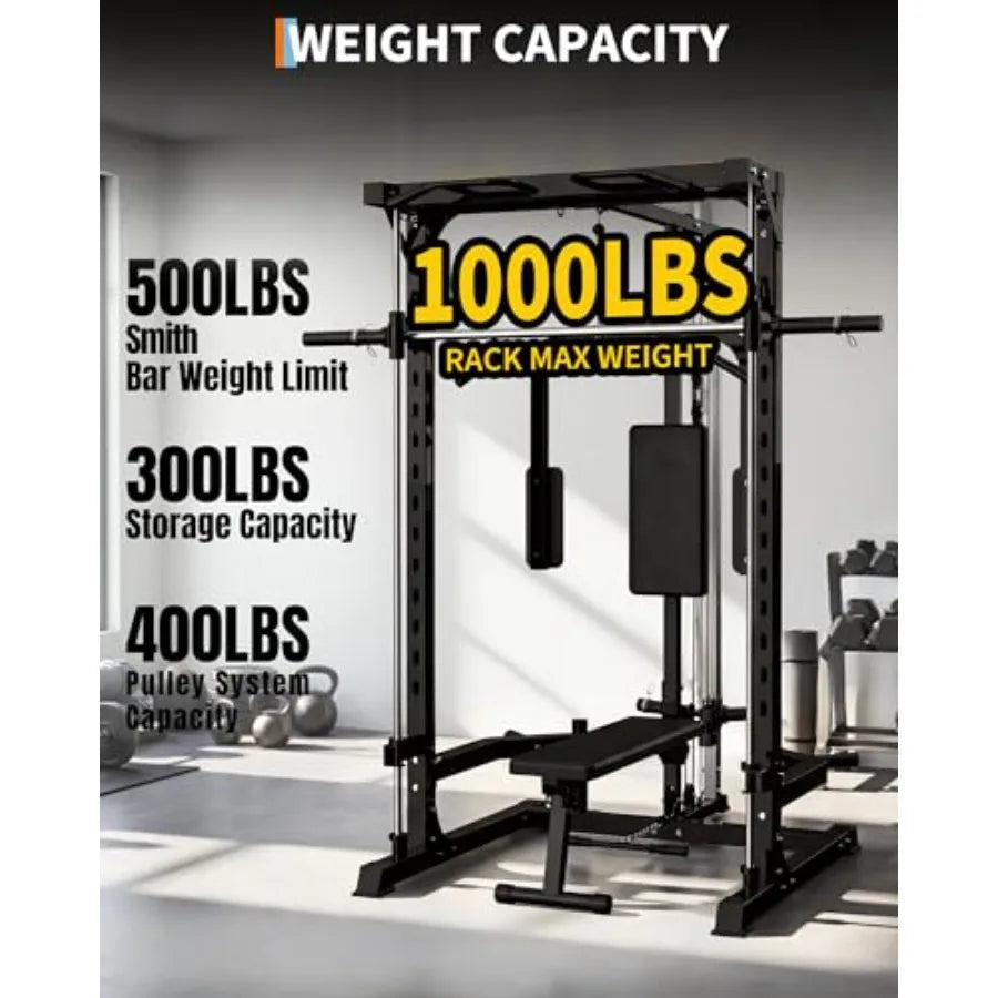 Smith Machine with Bench Heavy Duty Power Cage Squat Rack with Smith Bar LAT Pulldown System Chest Station More Training Attach