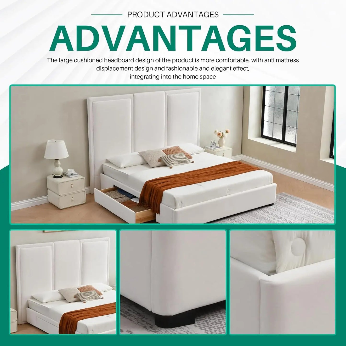 King Size Upholstered Platform Bed Frame with 64in High Headboard Storage Drawers Wood Slat Support No Noise White Customized