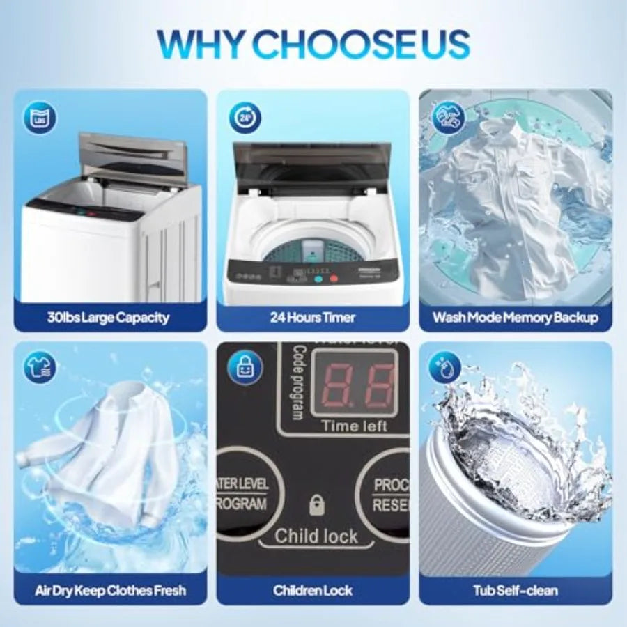 30LBS Full-Automatic Portable Washing Machine with Stainless Steel Drum Electric Washer and Spin Dryer Combo with Drain Pump fo