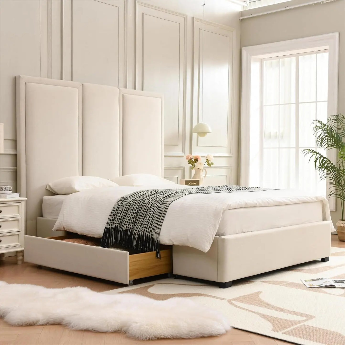 Queen Upholstered Platform Bed Frame with 64in High Headboard Storage Drawers Wood Slat Support No Noise Ink Blue Customized