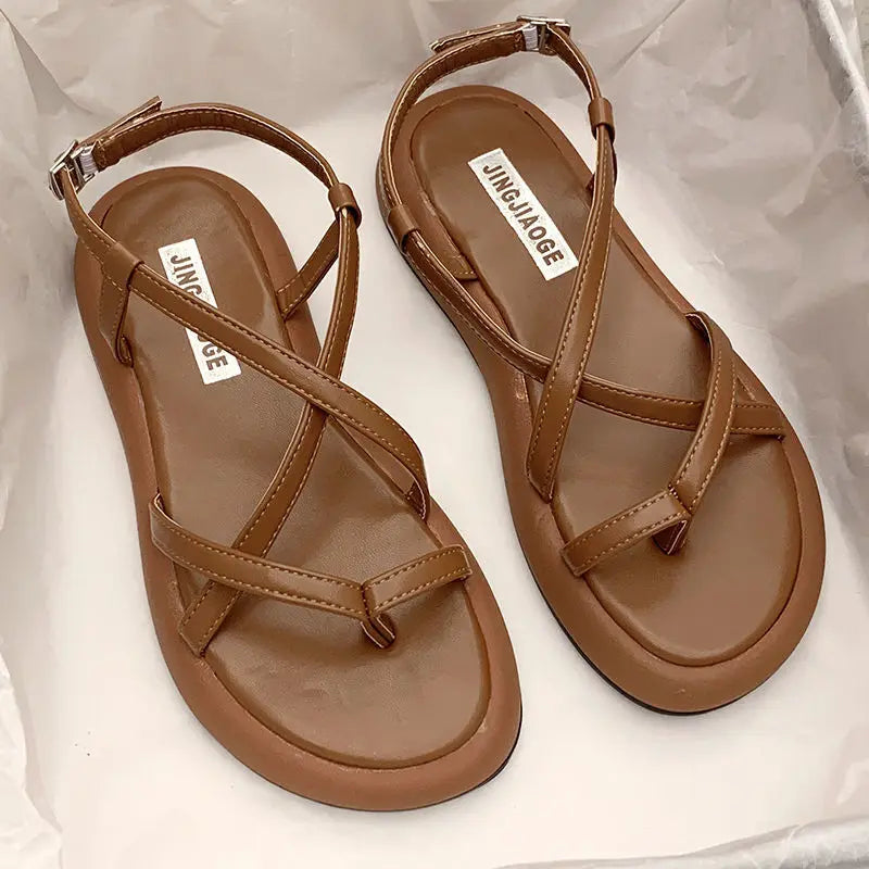 Platform Sandals Women Summer Beach Fashion Sexy Flat Casual Cross Peep TToe Ladies Shoes Woman Black Sandals Rome Flip Flops
