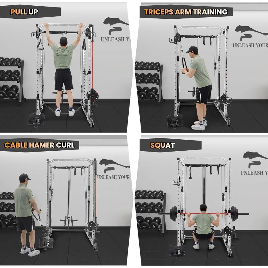 Power Cage 2000 LBS MultiFunction Power Rack with LAT Pull Down Pulley System Strength Training Squat Rack with Cable CrossOver