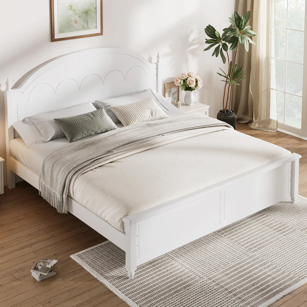 King size Wooden Bed Frame with Arched Headboard and Classic Design,White