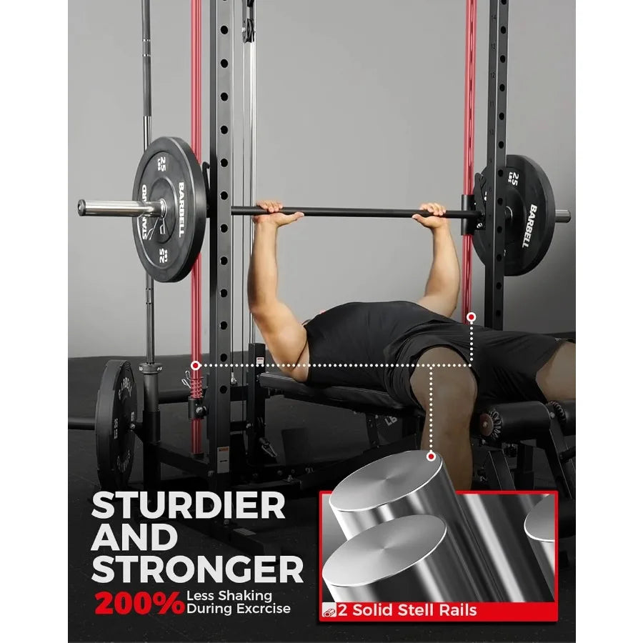 Smith Machine Home Gym Power Cage 1:1 Ratio Strength Trainer (Space Saving Design) (with 8 Free Attachments) Squat Rack for Ful