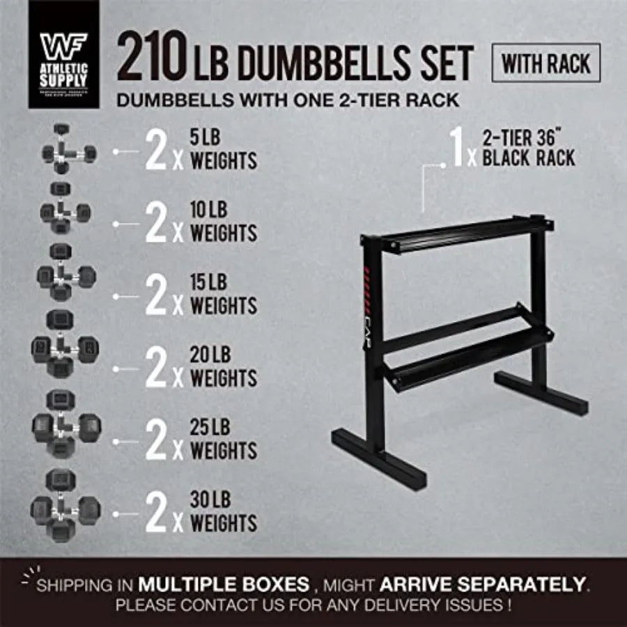 WF Athletic Supply Rubber Encased Hex Dumbbells with Rubber Grip Contoured Handle for Muscle Toning Strength Building Full Body