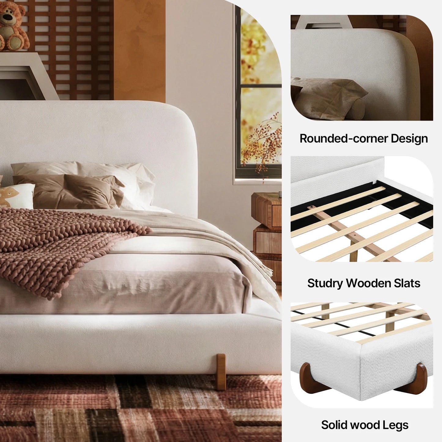 King Size Cloud Bed Frame, White Upholstered Platform Bed Frame with Soft Headboard, Wood Solid Legs, No B，Easy Assembly