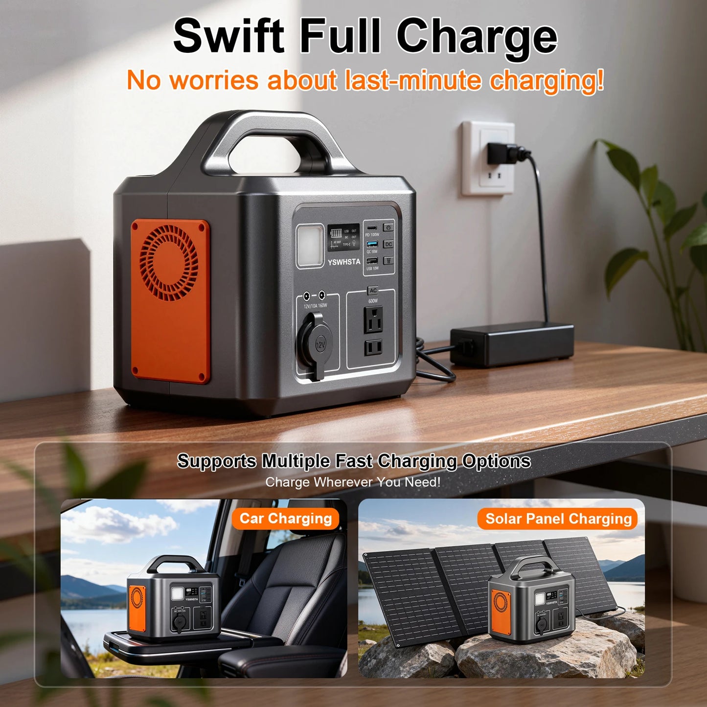 600W Portable Power Station with Solar Charging Input,538.7Wh, 100W PD USB-C, QC3.0, AC Power Outlet,Outdoor Camping Party