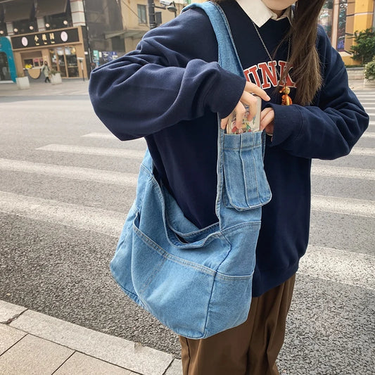 Denim Women's Bag 2022 New Eco Reusable Ladies Handbags Canvas Shopping Travel Shoulder Bags Unisex Jeans Crossbody Bag Shoppers