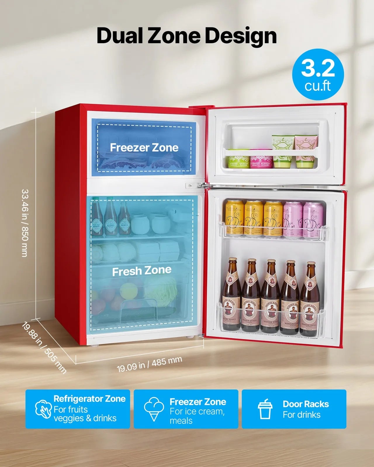 Mini Fridge with Freezer 3.2 Cu.Ft Two Door Compact Refrigerator Dorm Red