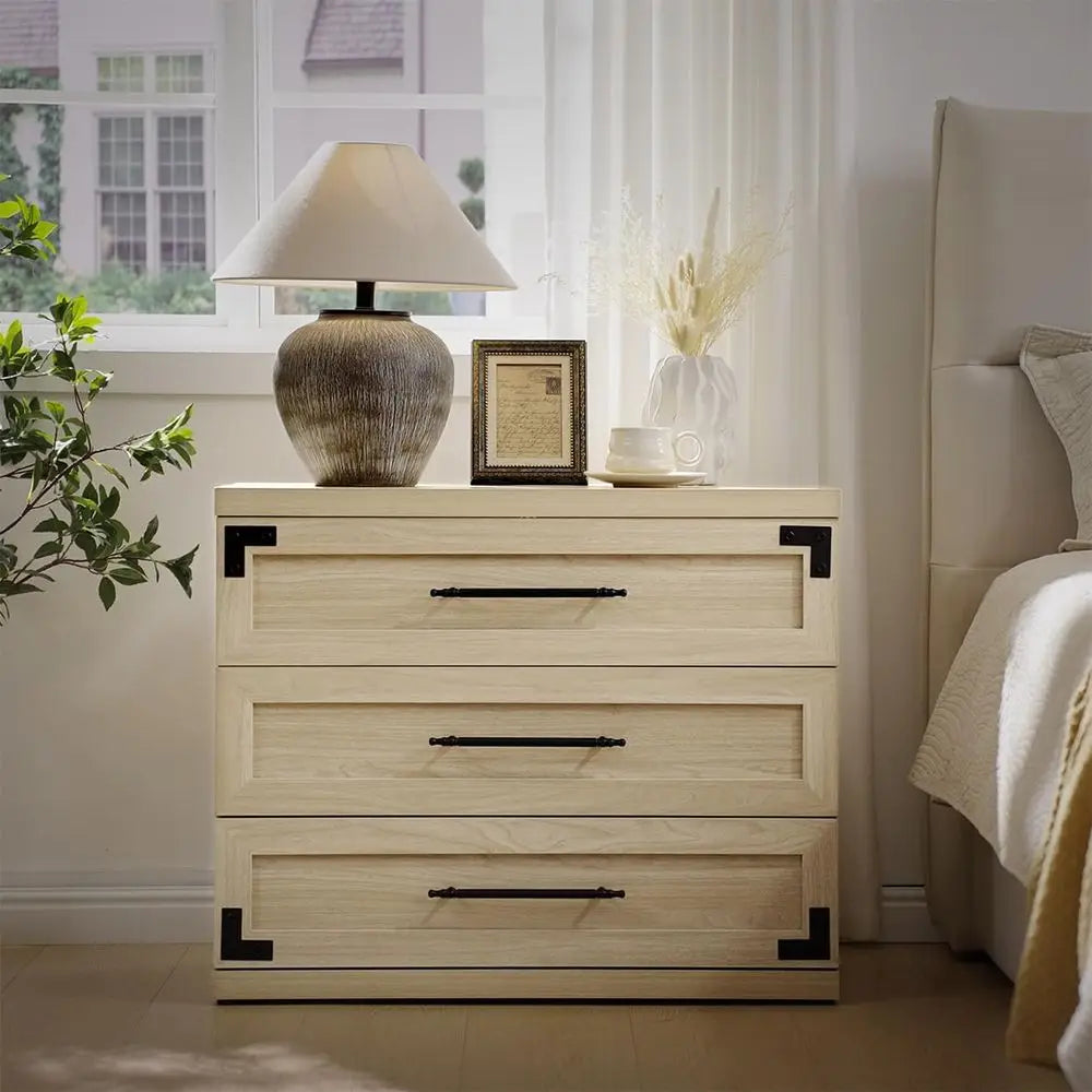 Pair of 2-31 Wide, Large Nightstands with 3 Drawers, Oversized Tall Bedside Tables, Sand Beige