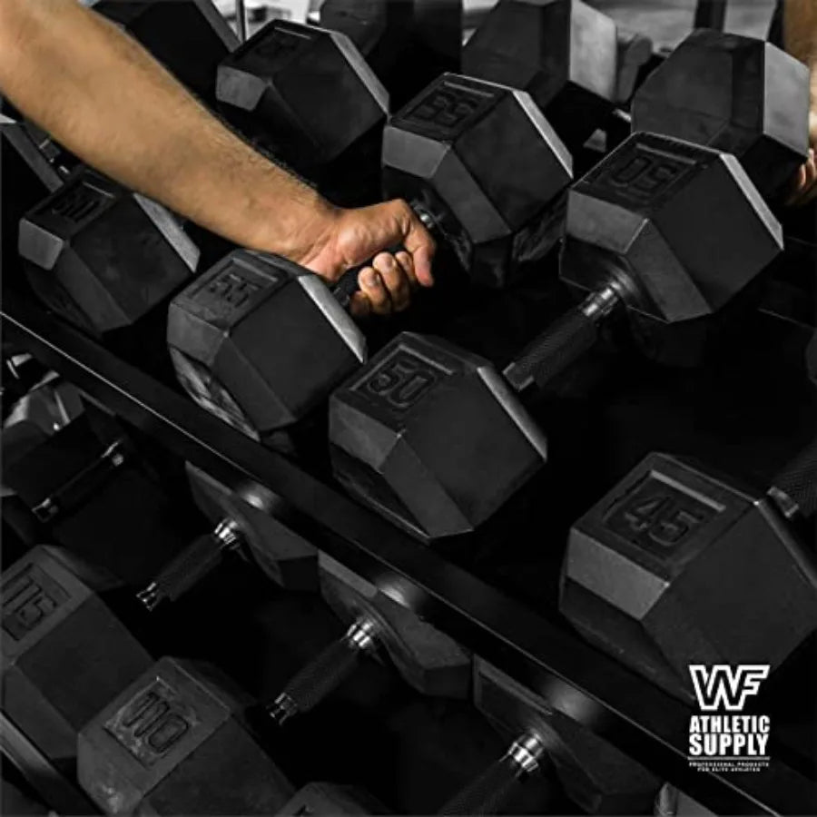WF Athletic Supply Rubber Encased Hex Dumbbells with Rubber Grip Contoured Handle for Muscle Toning Strength Building Full Body