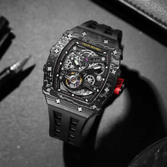 TSAR BOMBA Men's Automatic Mechanical Watch  Tonneau Shaped Skeleton Wristwatch 50M Water Resistance Sapphire Crystal Gift