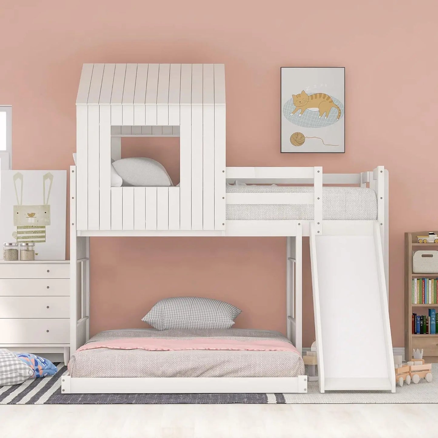 Wooden Twin Over Full Bunk Bed with Slide, Loft Bed Frame with Playhouse, Farmhouse, Ladder and Guardrails for, Customized