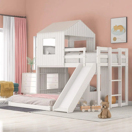 Wooden Twin Over Full Bunk Bed with Slide, Loft Bed Frame with Playhouse, Farmhouse, Ladder and Guardrails for, Customized