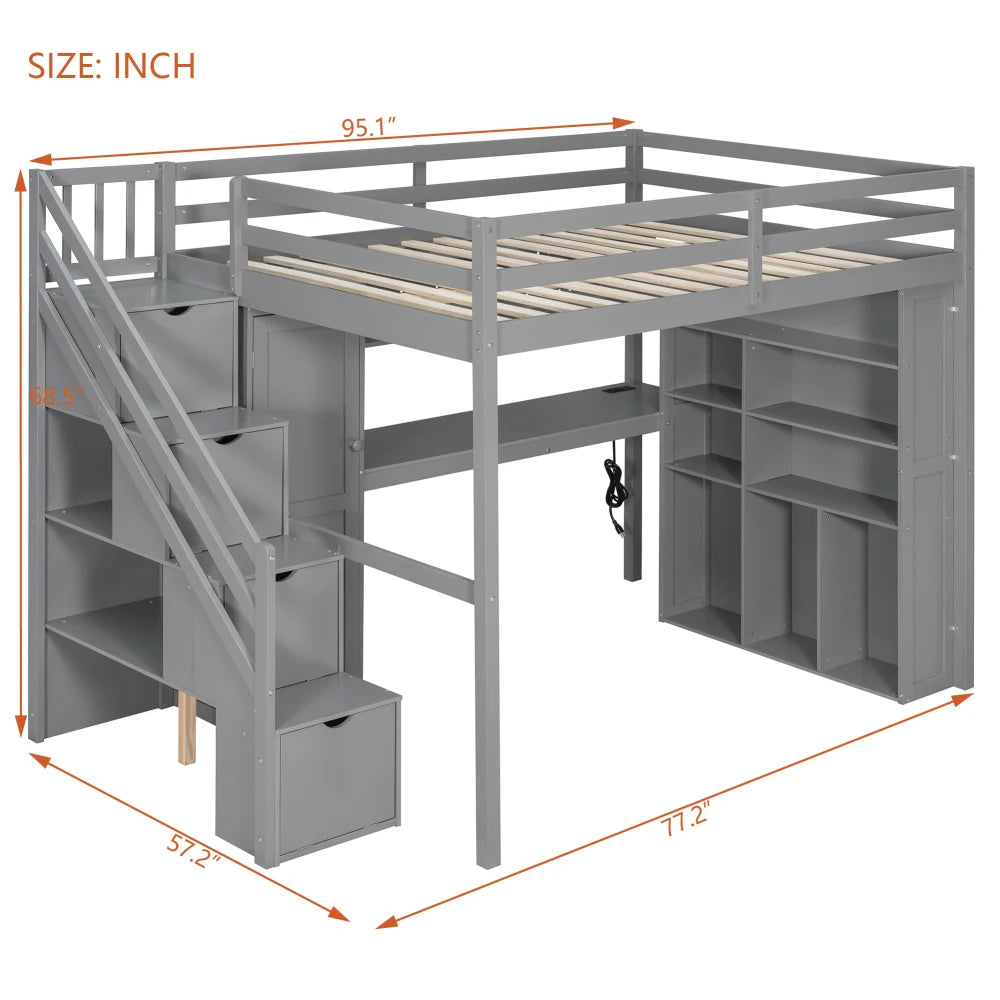 Full Loft Bed Frame with Built-In Wardrobe, Study Desk, Storage Shelves &  Lights, Space-Saving Design for Bedroom-GREY