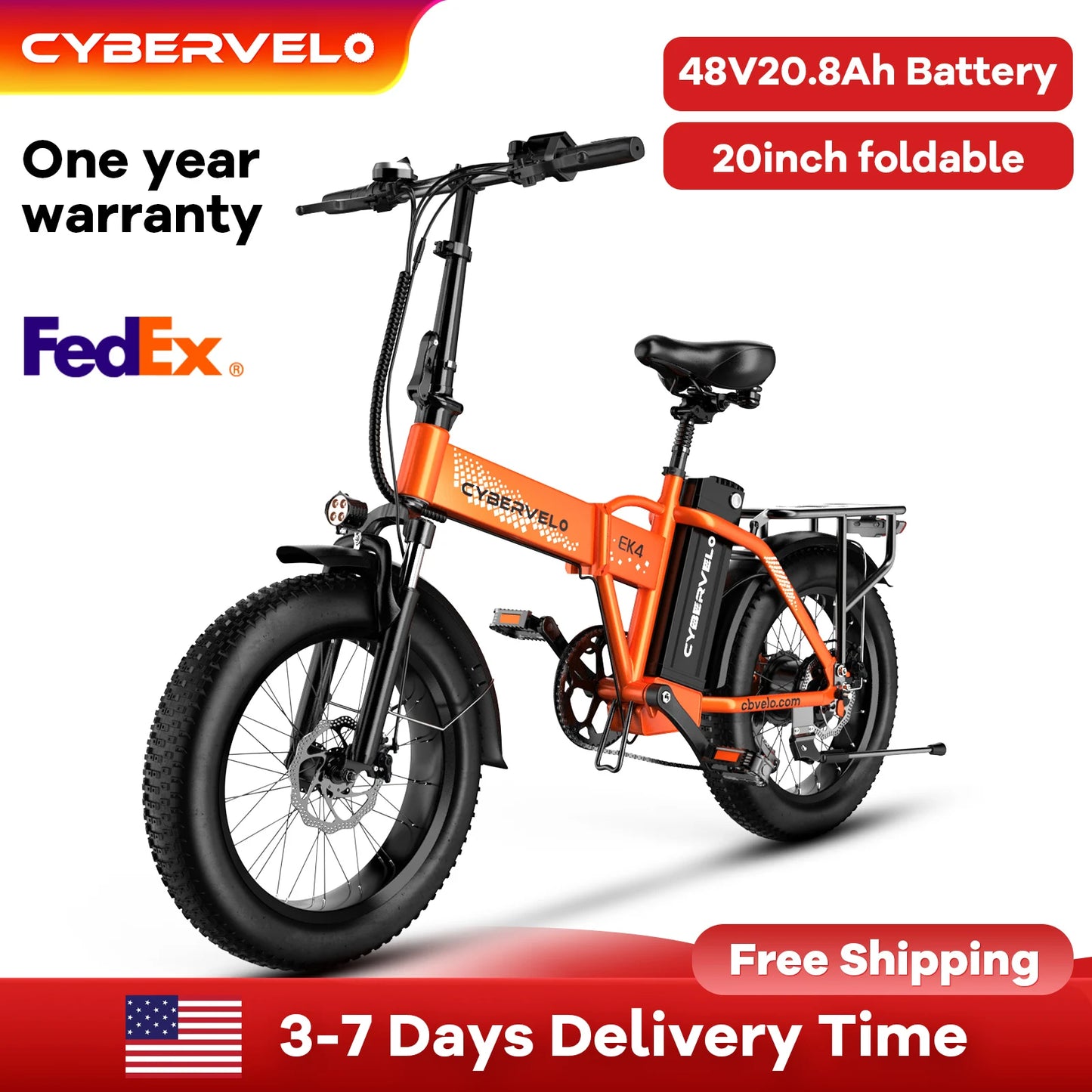 1000W Peak Folding Eletric Bike, 48V 20ah Detachable Battery, 7-Speed Urban Commuter, 20" fat tire Camping Long Range E-Bike EK4
