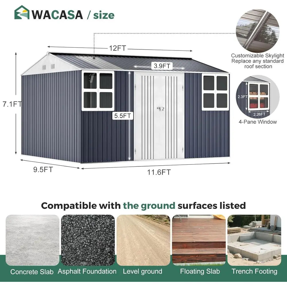 Heavy-Duty 12x10 Metal Shed with 20-Gauge Reinforcement, Powder Coating, 50 PS Load and 120 MPH Wind Resistance for Tiny House S