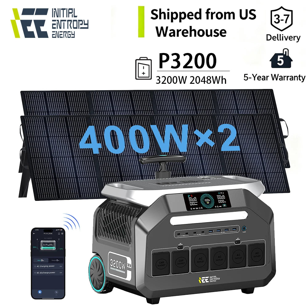 IEE 2PCS 400W Solar Panls + 3200W 2048Wh Solar Portable Power Station P3200 APP Control Powerbank Off-grid  External Battery