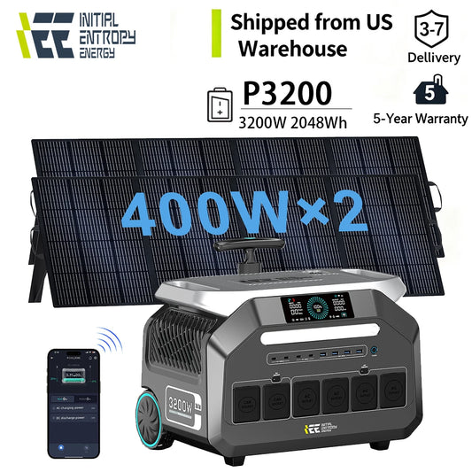 IEE 2PCS 400W Solar Panls + 3200W 2048Wh Solar Portable Power Station P3200 APP Control Powerbank Off-grid  External Battery