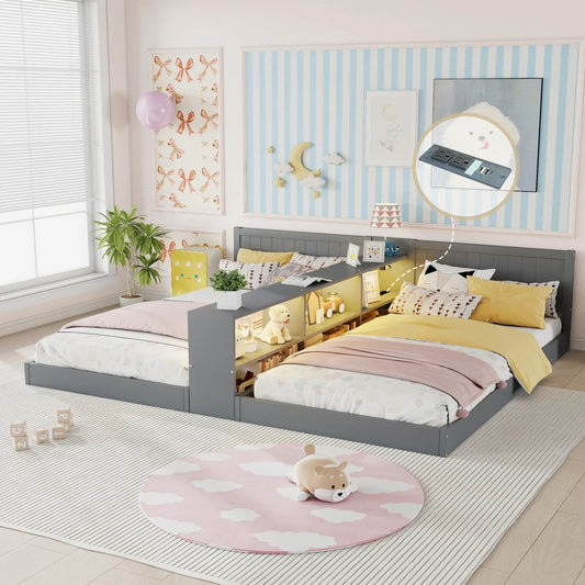 Double Twin Size Bed Frame with Storage,Twin Floor Bed with Light & Charging Station, Convertible 2 Twin Beds for 2 Kids,Gray