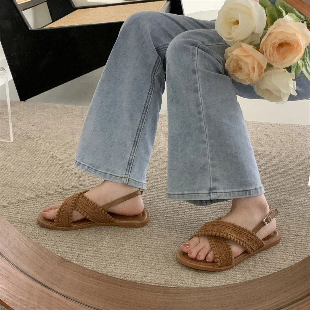 2024 Fashion Women Sandals Ladies Flat Roma Heels Knitted Summer Sandals Outside Cross Tied Leather Female Slides Woman Sandals