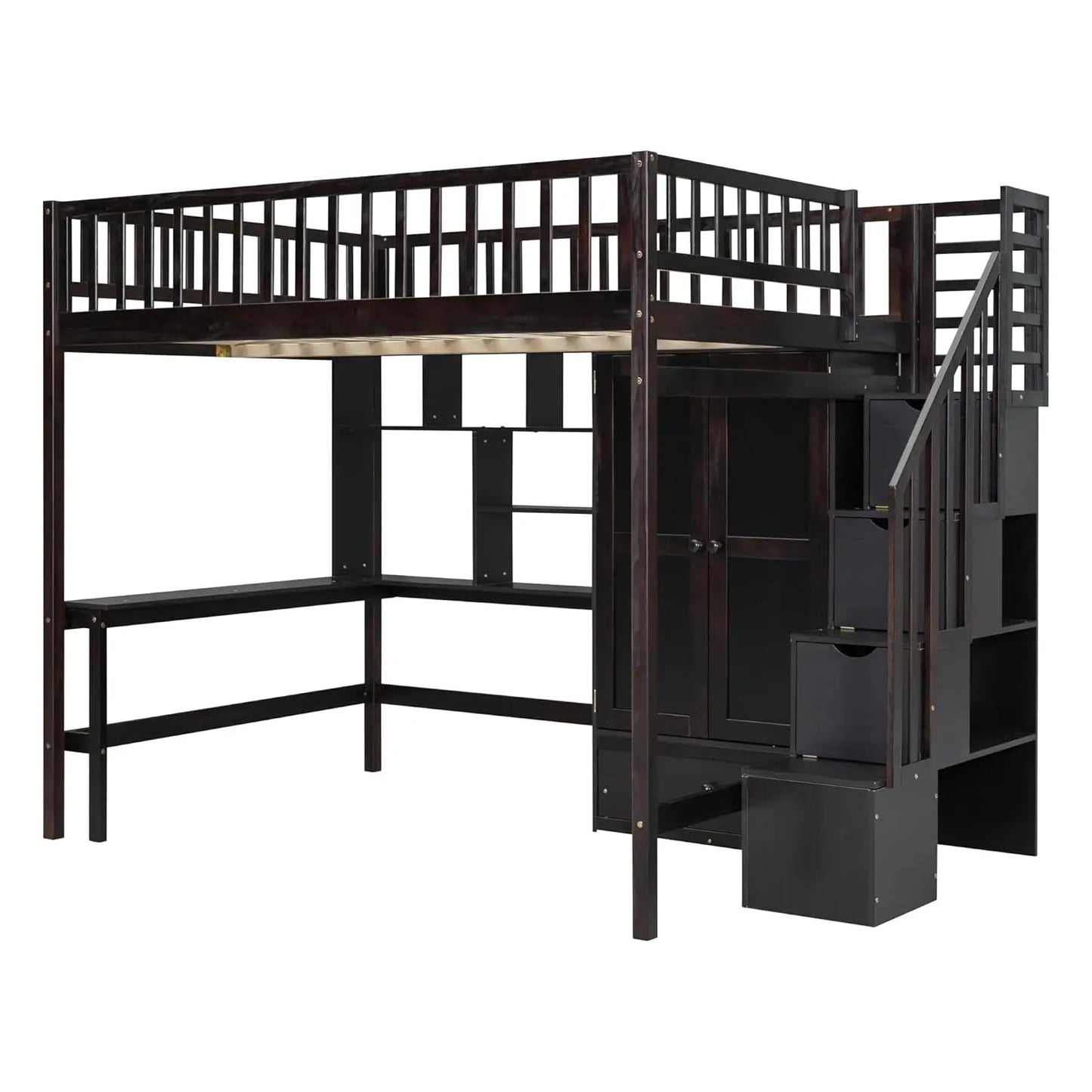Full Size Loft Beds Stairway Loft Bed Frame with Wardrobe, Desk, Bookcase and Drawers, Espresso, Customized