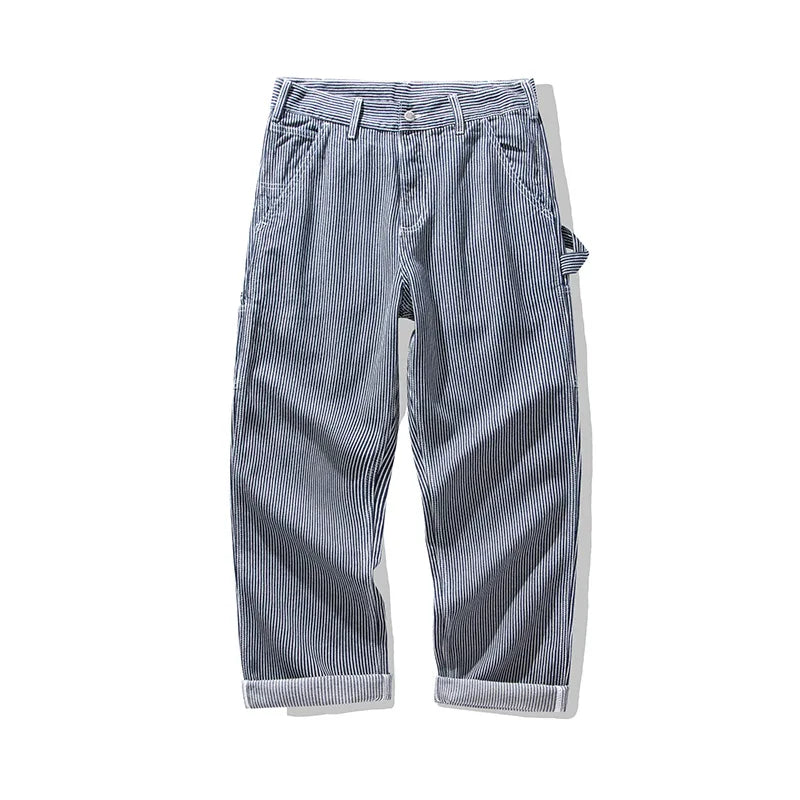 OKONKWO Original Denim Railway Workers Pants AMEKAJI Multi Pocket Striped Work Overalls Outdoor Trekking Hiking Camping Trousers