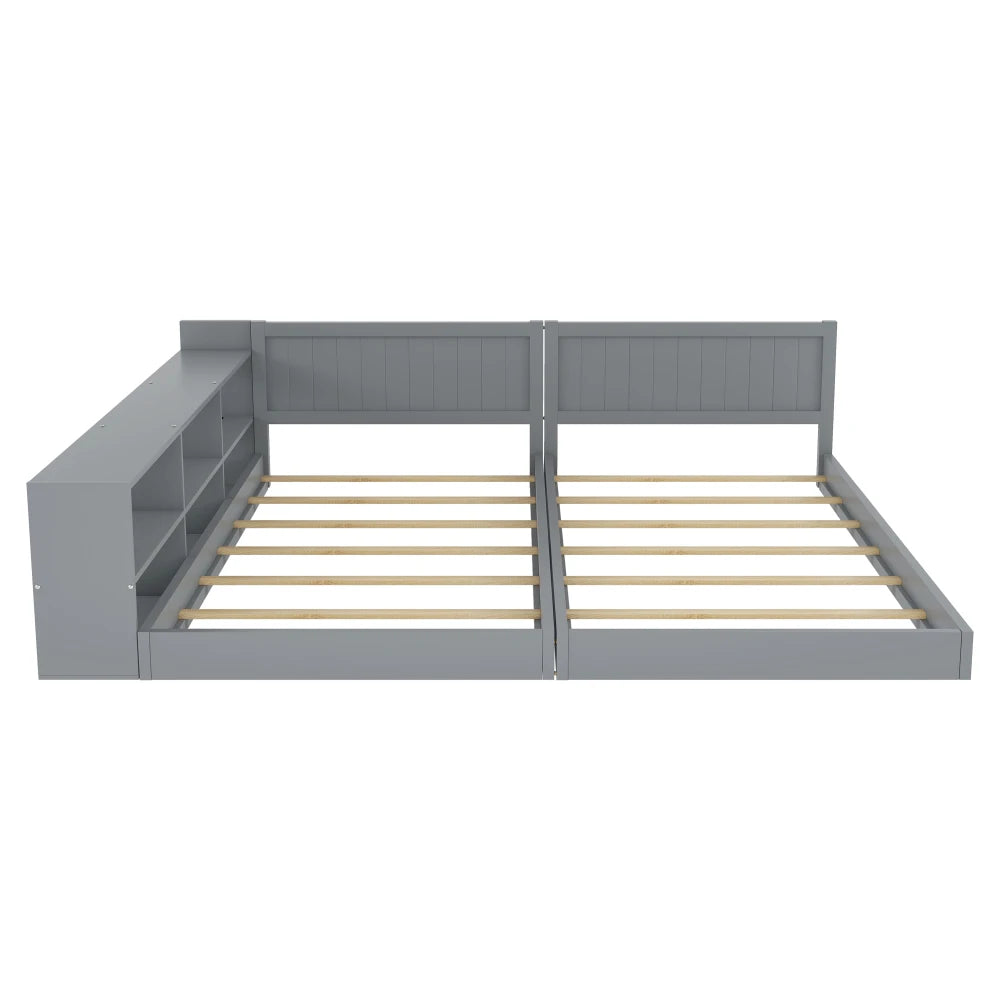 Double Twin Size Bed Frame with Storage,Twin Floor Bed with Light & Charging Station, Convertible 2 Twin Beds for 2 Kids,Gray