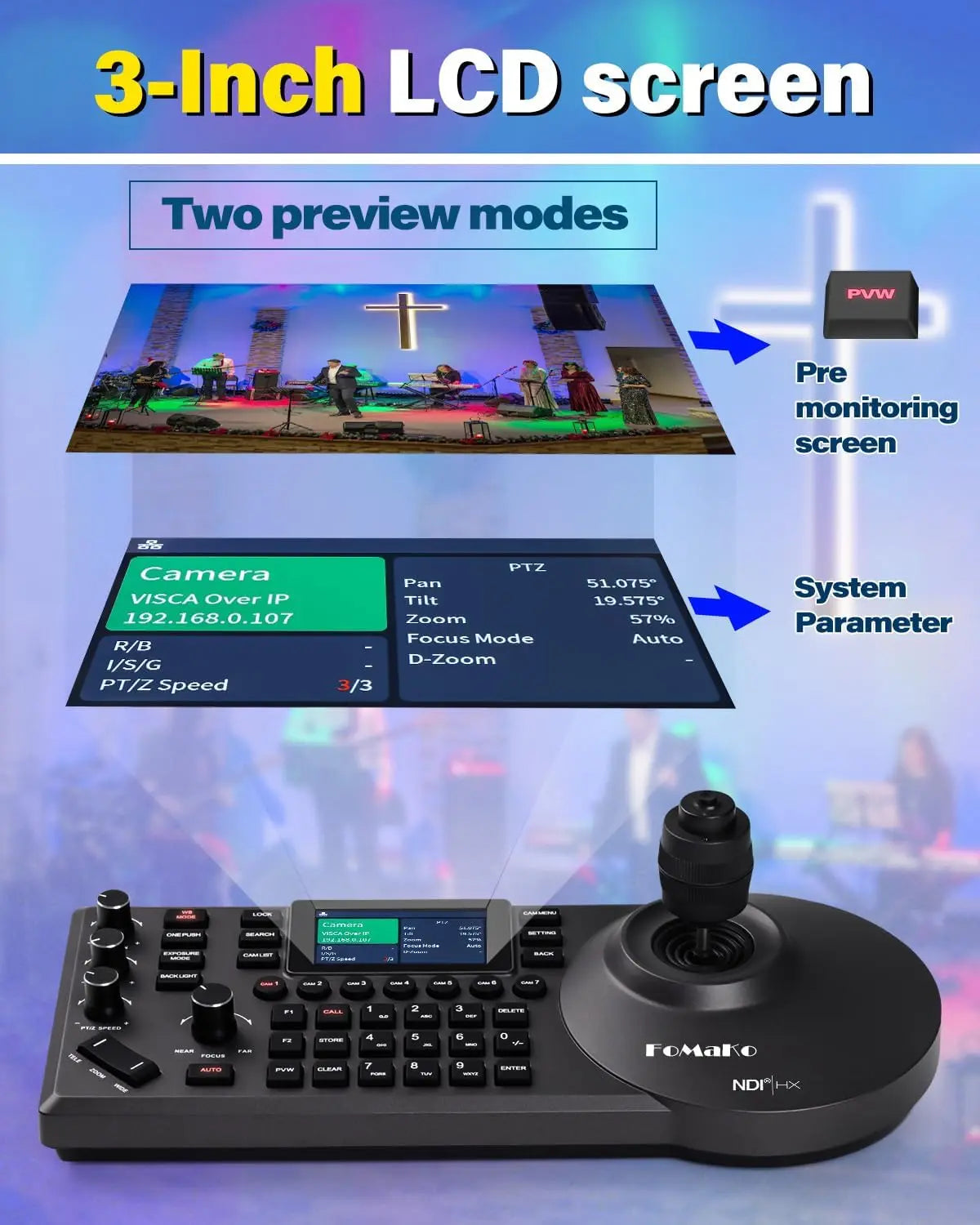 FoMaKo AI Auto Tracking HDMI PTZ Camera, 20x Optical Zoom(3pcs), M3 Video Mixer Switcher+KC608 NDI PTZ Controller for Church