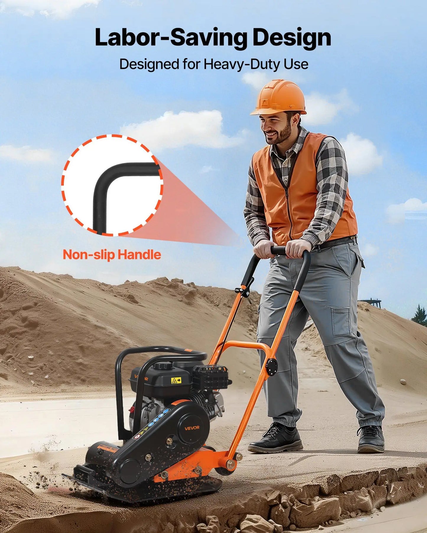 Plate Compactor, 6.5 HP 196CC Gas Engine, 5600 VPM Vibrating Ground Rammer, 2360 lbs Compaction Force, 20.1 x 15 in Plate, Walk