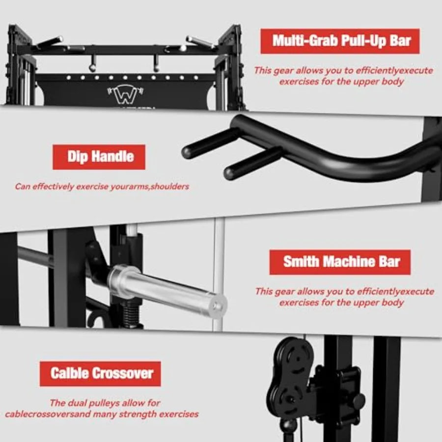 Smith Machine 2200lbs Squat Rack with Pull Down System Cable Crossover Machine Steel Black Training Equipment with Leg Hold and