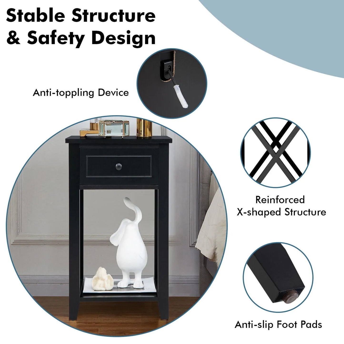 Nightstand Sofa Side End Table X-Design w/ Shelf Drawer Black