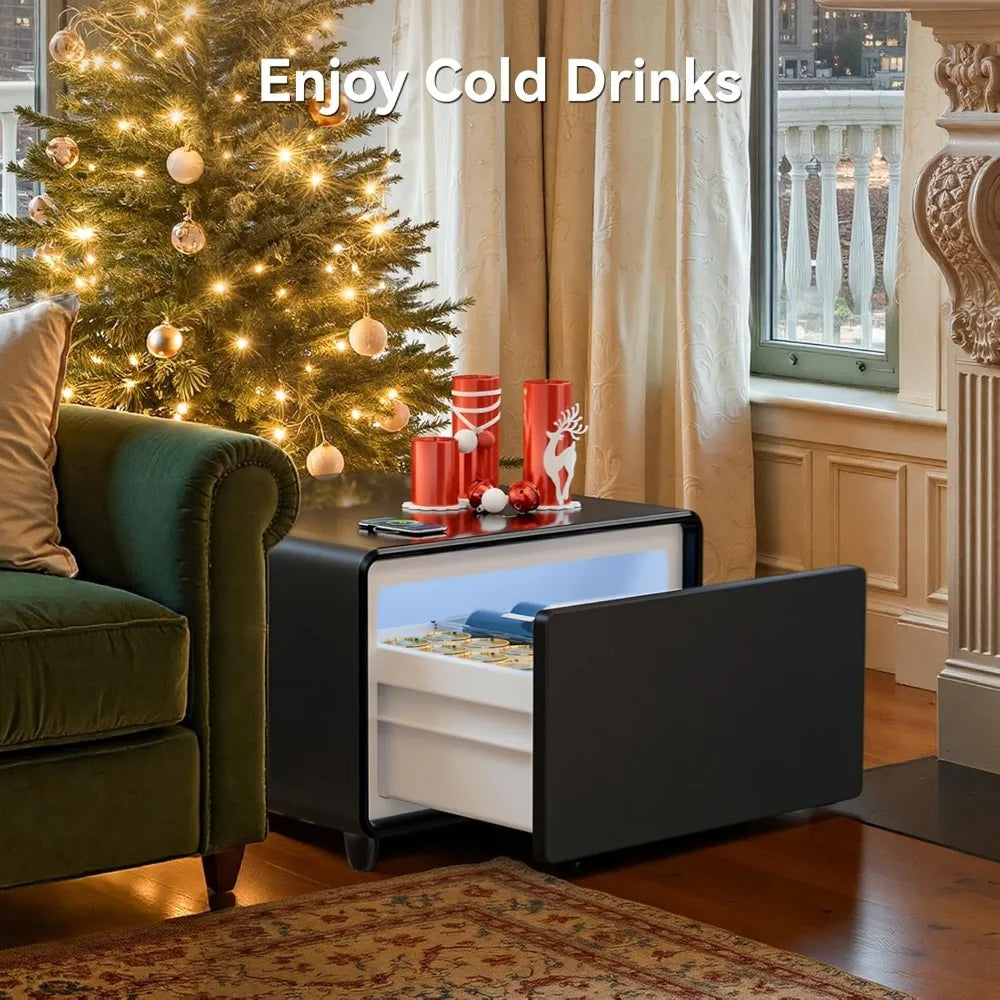 Smart Side Table, Nightstand with Built in Fridge, 27.7 D x 26.3 W x 18.1 H, Mini Coffee Table with 15W Wireless Charging