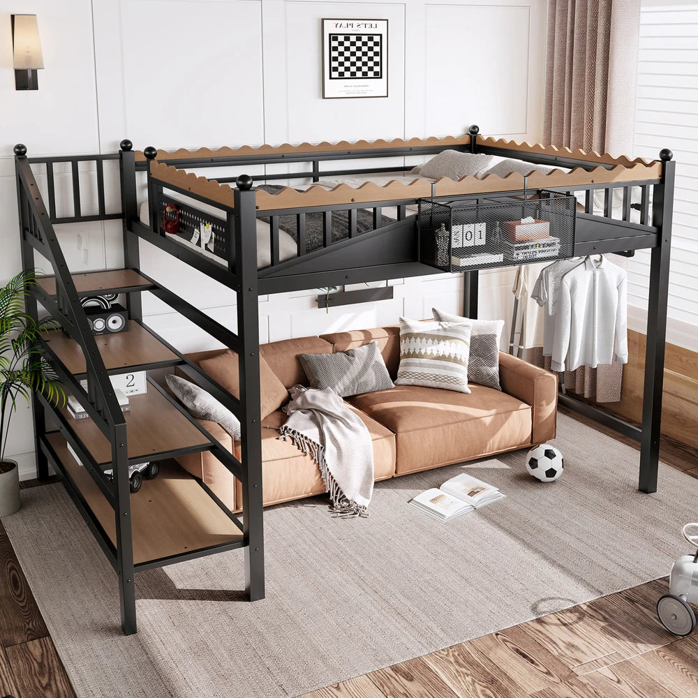 Full Size Loft Bed with Storage Stairs, Metal Loft Beds Frame with Storage Shelves and bookshelf,Black
