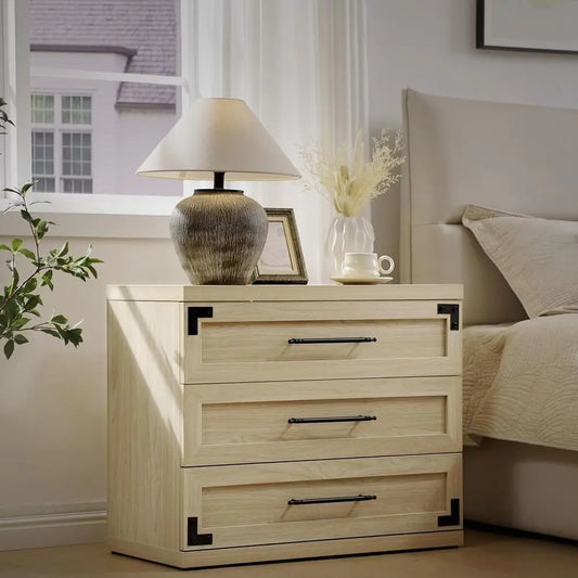 Pair of 2-31 Wide, Large Nightstands with 3 Drawers, Oversized Tall Bedside Tables, Sand Beige