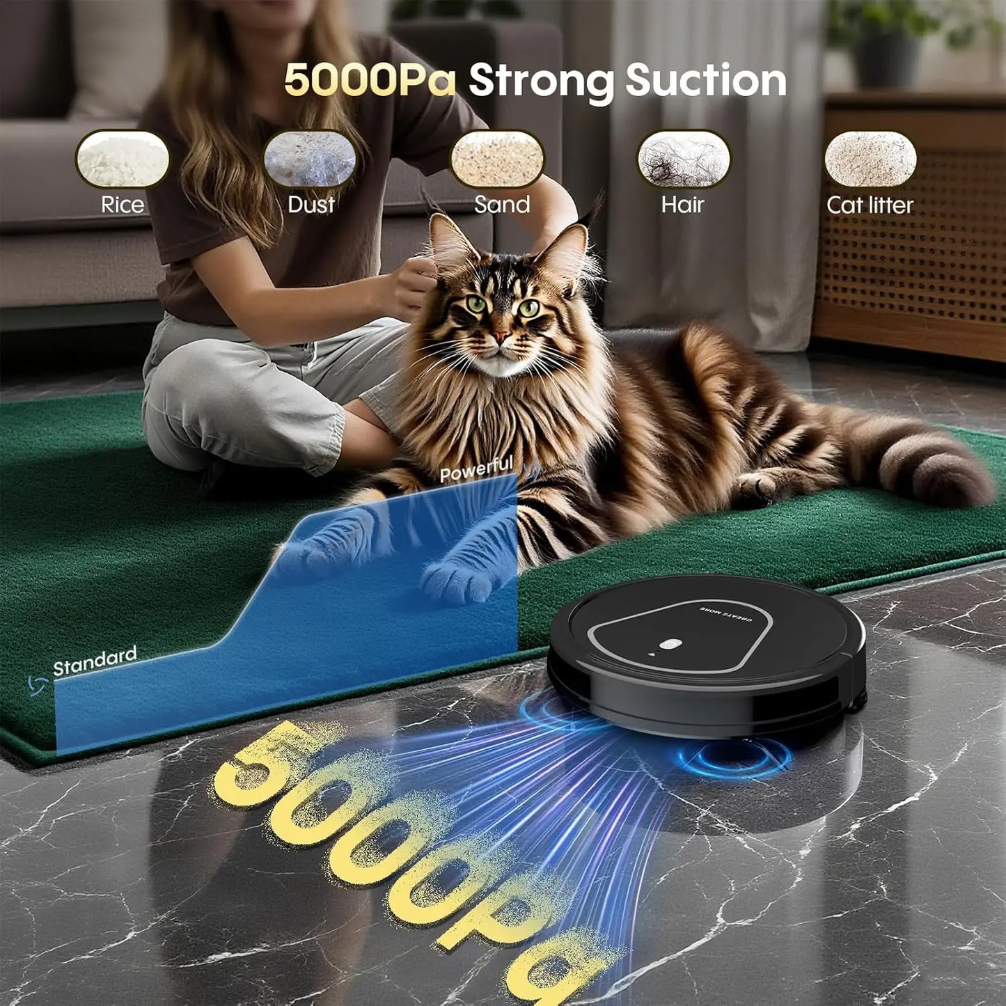 3-in-1 Robotic Vacuum Cleaner with 5000Pa Suction, Auto Recharge, App/WiFi/Voice Control for Hard Floors and Pet Hair
