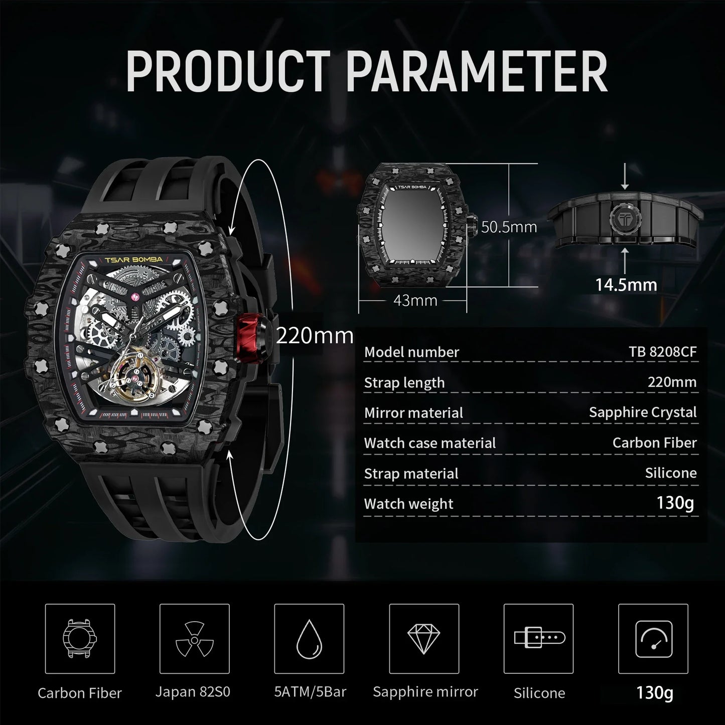 TSAR BOMBA Men's Automatic Mechanical Watch  Tonneau Shaped Skeleton Wristwatch 50M Water Resistance Sapphire Crystal Gift